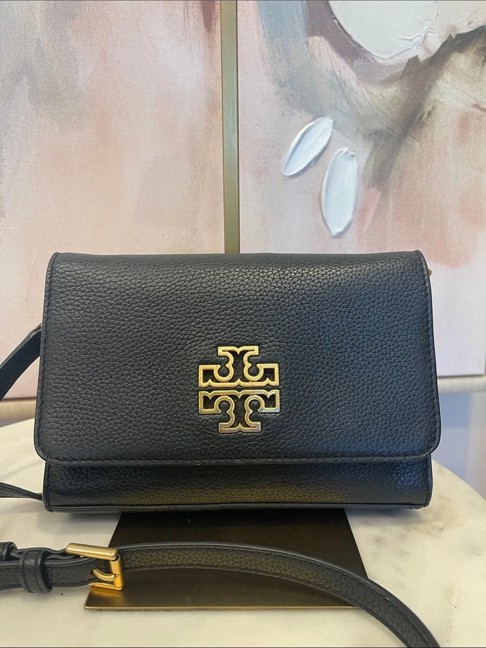 Tory Burch Black Pebbled Leather Crossbody with Gold Logo